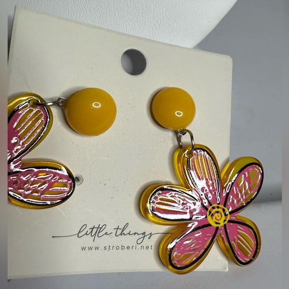 Little Things Pink and Yellow Flower Earrings - Picture 2 of 5